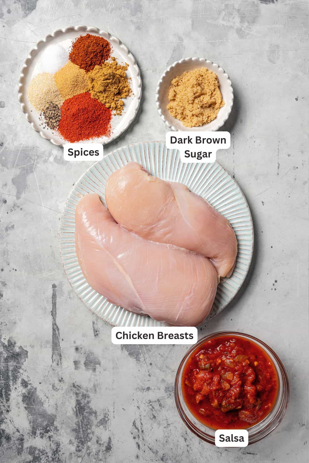 Pulled chicken ingredients with text labels overlaying each ingredient.