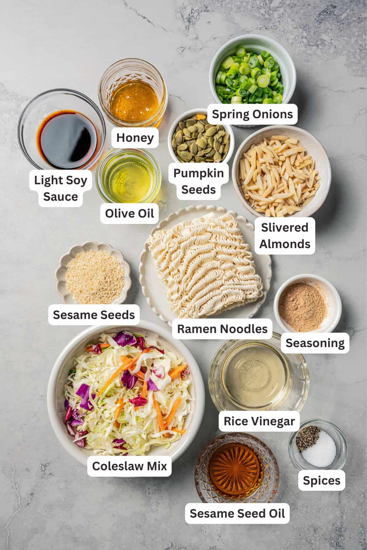 Ramen salad ingredients with text labels overlaying each ingredient.