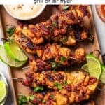 Bang bang chicken skewers social media sharing image with text overlay.