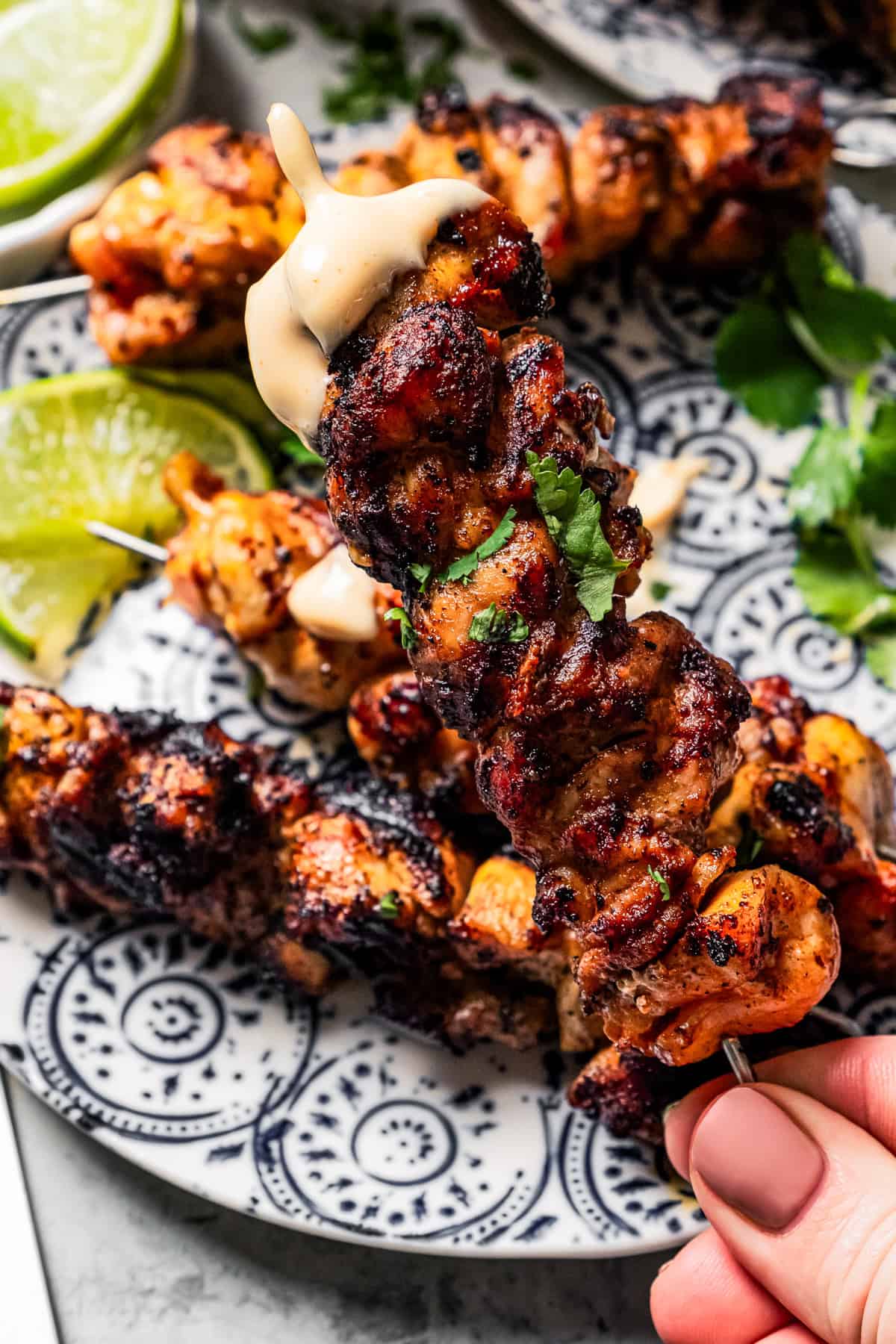 A hand holding up a bang bang chicken skewer.