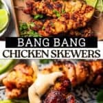 Bang bang chicken skewers social media sharing image with text overlay.