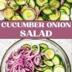 Long collage with cucumber onion salad and text overlay.