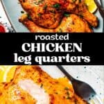 Photo of chicken leg quarters with text overlay.