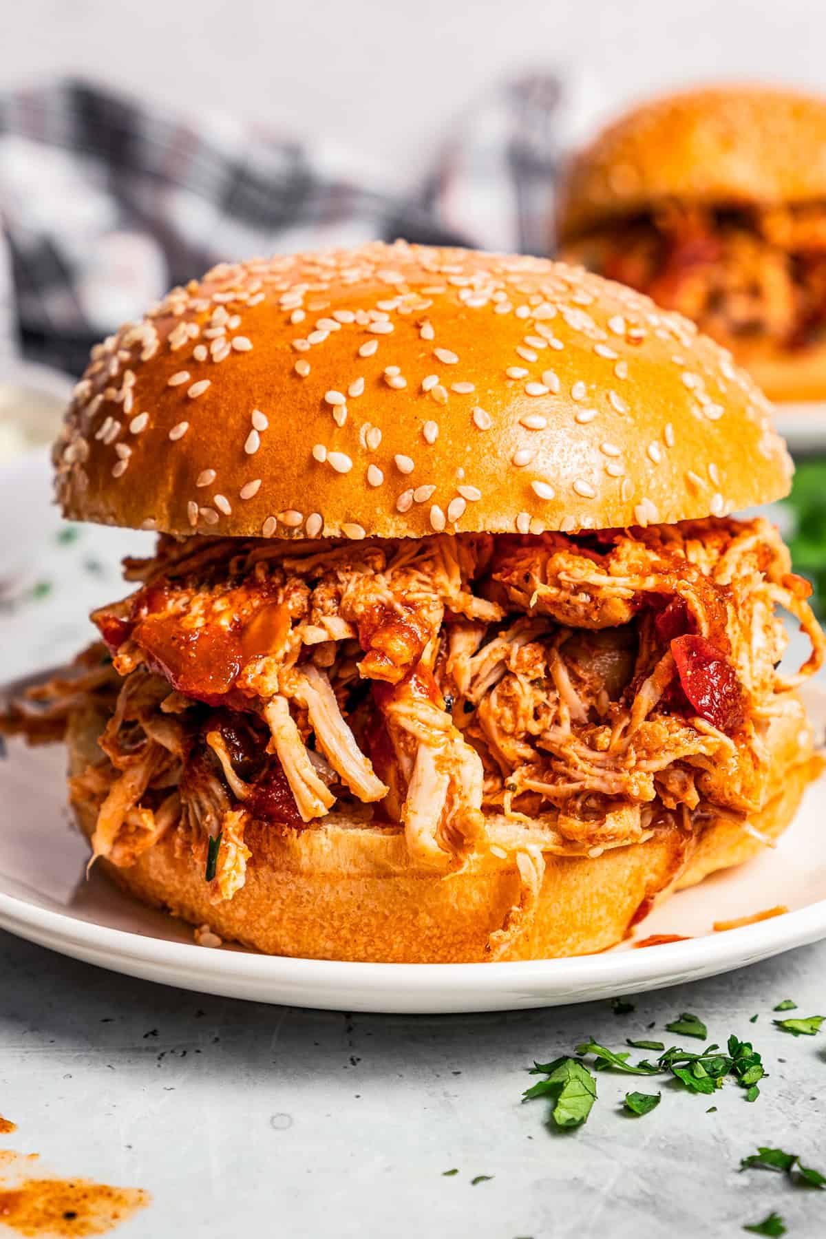 Pulled chicken served between two buns on a plate.