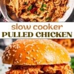 Pulled chicken long Pinterest sharing image with text overlay.