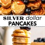 Long collage of silver dollar pancakes for social media sharing.