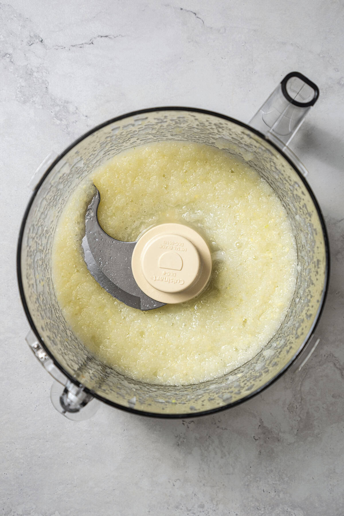 Blended onion paste inside a food processor.