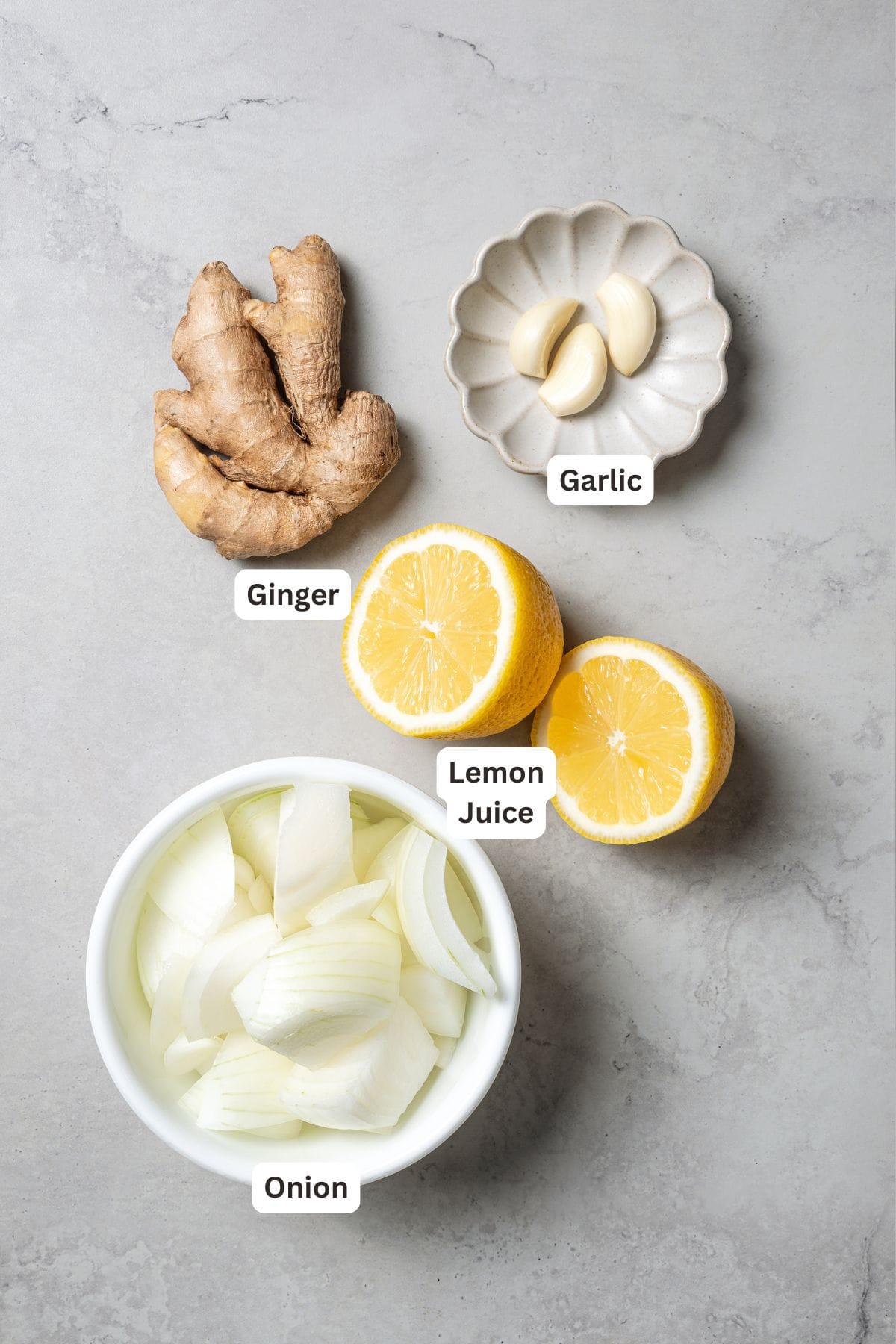 Onion paste ingredients with text labels overlaying each ingredient.