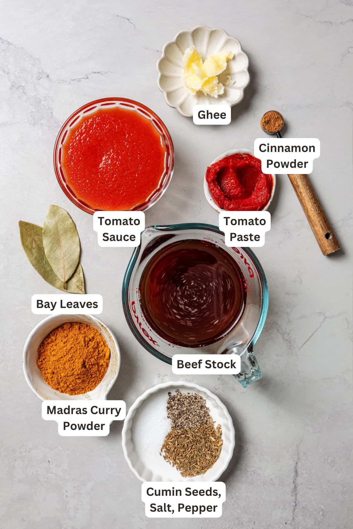 Madras curry sauce ingredients with text labels overlaying each ingredient.