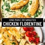 Long collage of photos of florentine chicken with text overlay.