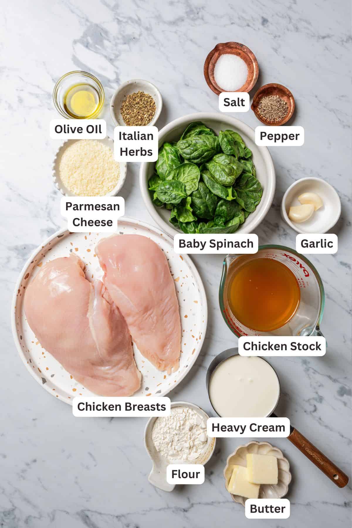Creamy chicken Florentine is a one-pan dinner with golden-fried chicken smothered in a garlicky spinach cream sauce. Make it in 30 minutes! Chicken Florentine ingredients with text labels overlaying each ingredient.