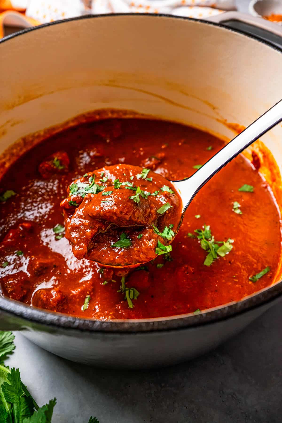 Spooning out beef madras curry from a pot with a ladle.