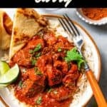 Photo of beef madras curry with the recipe title in a text overlay. Photo by diethood.com