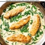 Photo of a chicken Florentine in a skillet with text overlay.