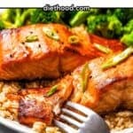 Photo of miso salmon with the recipe title in a text overlay.