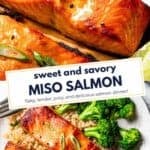 Photo collage of miso salmon fillets with the recipe title in a text overlay.