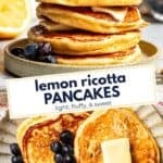 Photo collage of ricotta pancakes with the recipe title in a text overlay.