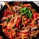 Photo of a lomo saltado stir fry in a skillet with text overlay.