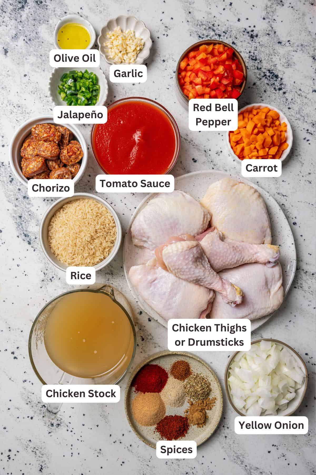 Classic arroz con pollo is a Latin favorite with juicy, seasoned chicken and rice brimming with smoky, savory flavor. Make it in one pot! Arroz con pollo ingredients with text labels overlaying each ingredient.