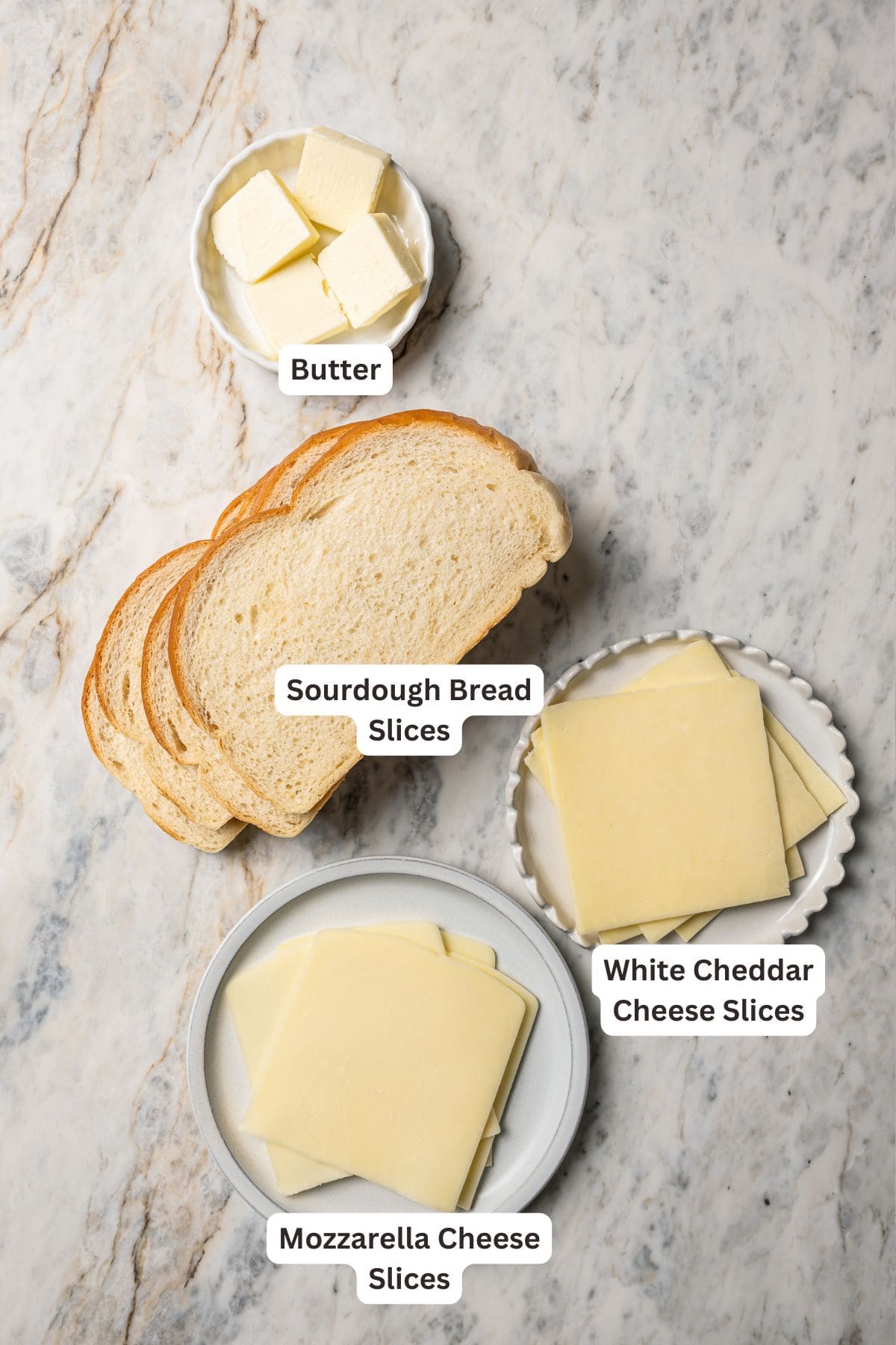 Grilled cheese sandwich ingredients with text labels overlaying each ingredient.