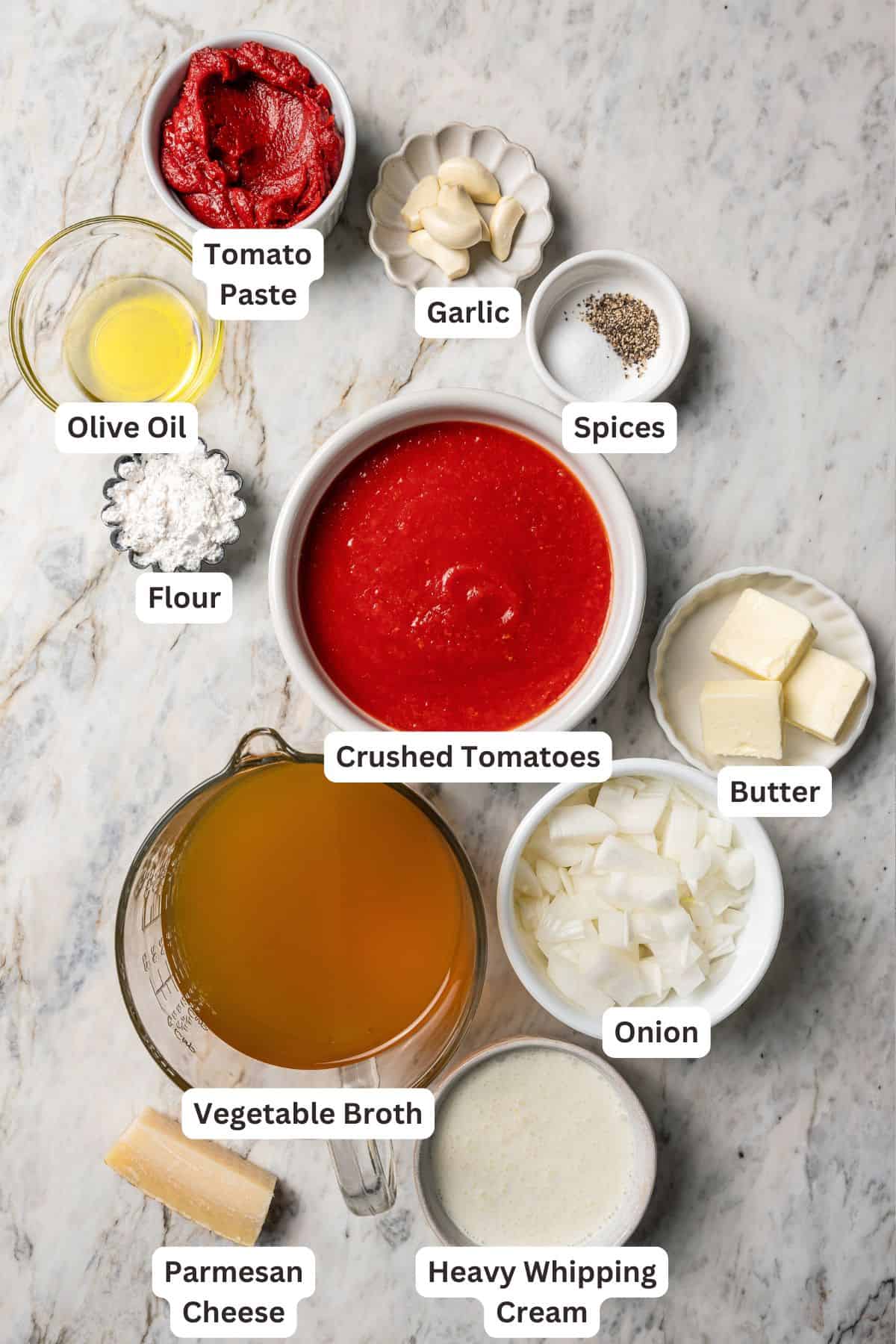 Classic tomato soup ingredients with text labels overlaying each ingredient.