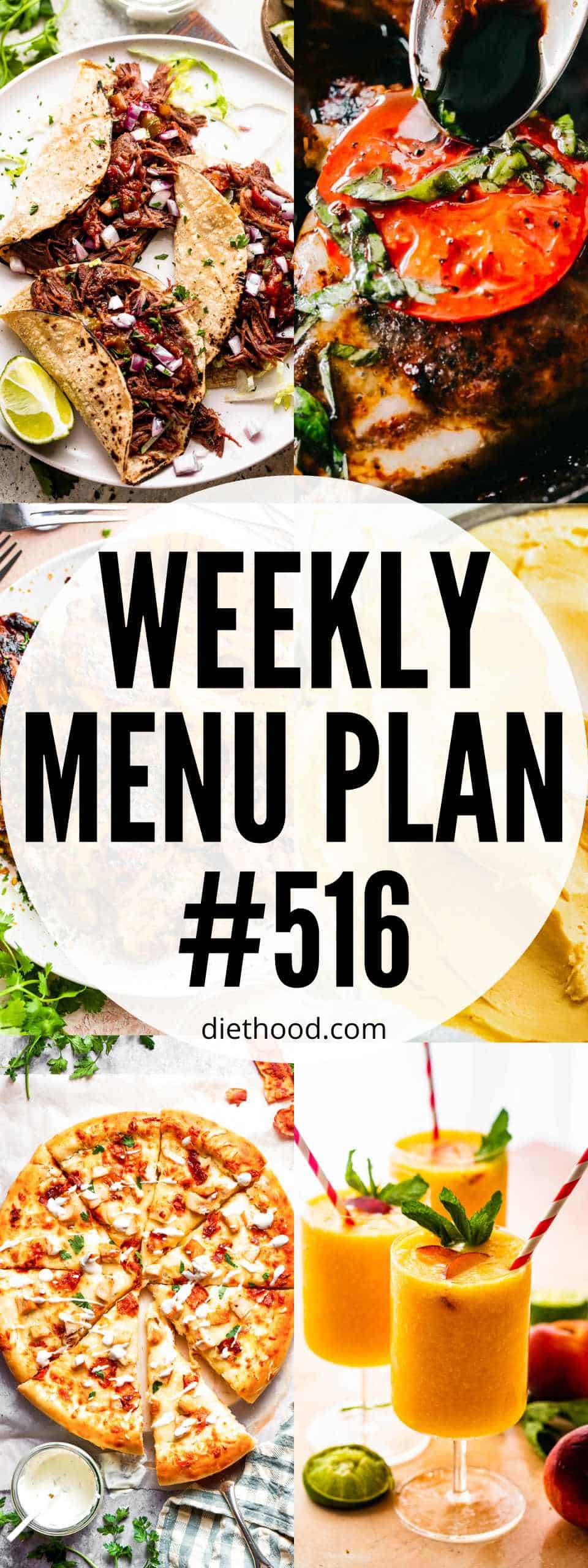 Delicious dinner, side dishes, and dessert recipes to help you plan your weekly menu and make meal time easier for you! Menu Plan 516 collage with text overlay.