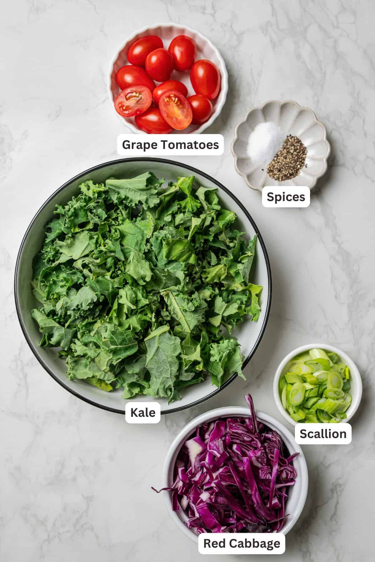 Flaky pistachio-crusted salmon smothered with homemade zhoug sauce and served with a kale salad is a quick, easy dinner packed with flavor! Kale salad ingredients with text labels overlaying each ingredient.
