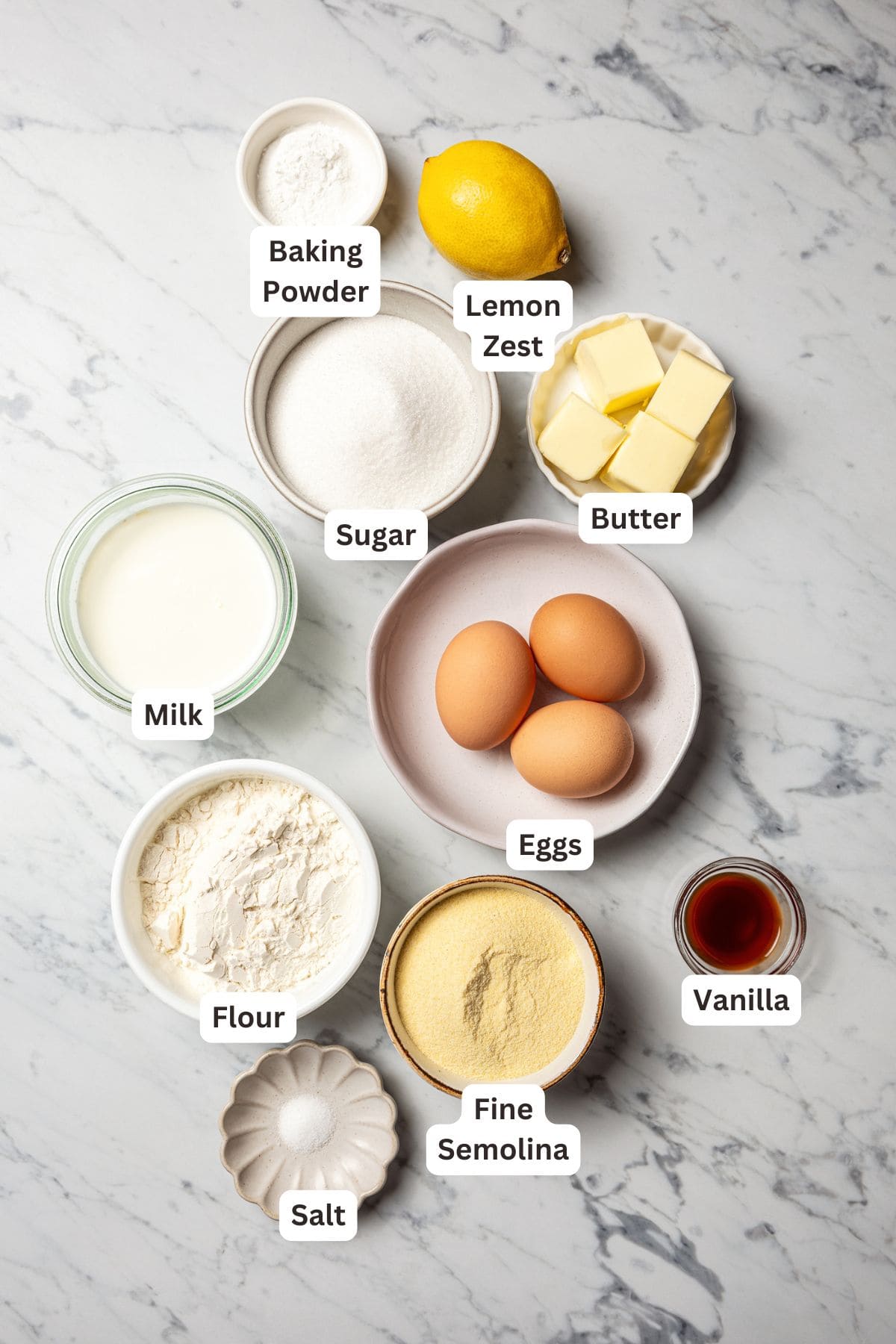Semolina cake ingredients with text labels overlaying each ingredient.