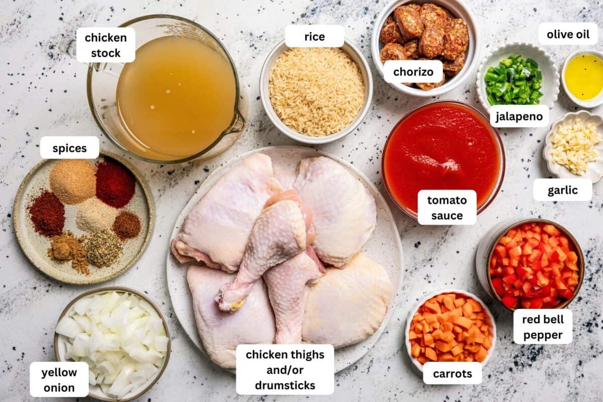 A photo of all the ingredients for arroz con pollo.