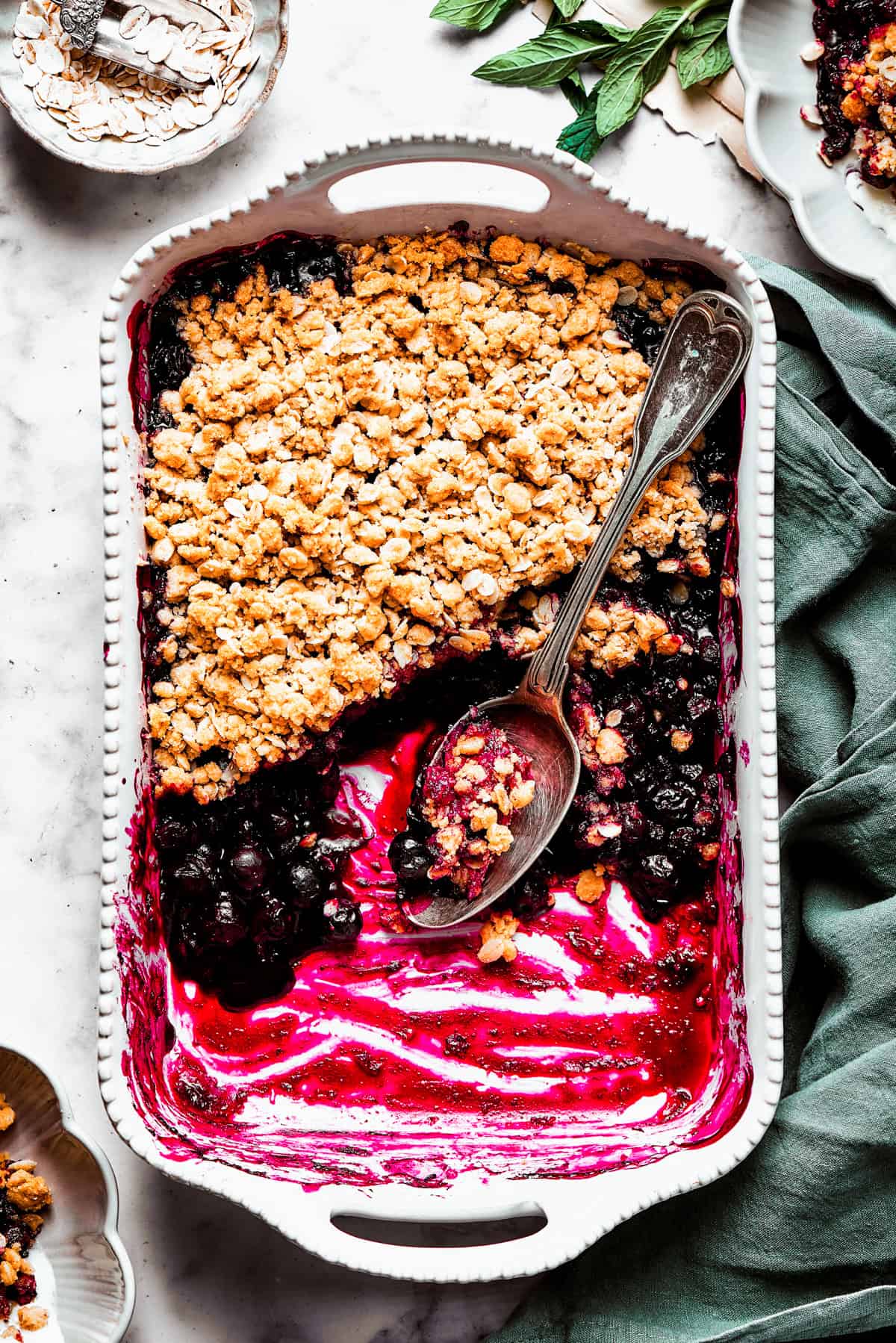 Blueberry Crisp Recipe Blueberry Crisp in a baking dish.