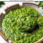Photo of zhoug sauce in a bowl, with the recipe title in a text overlay. Photo by diethood.com