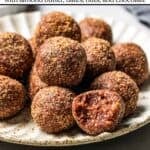 Photo of energy bites on a plate with the recipe title in a text overlay. Photo by diethood.com