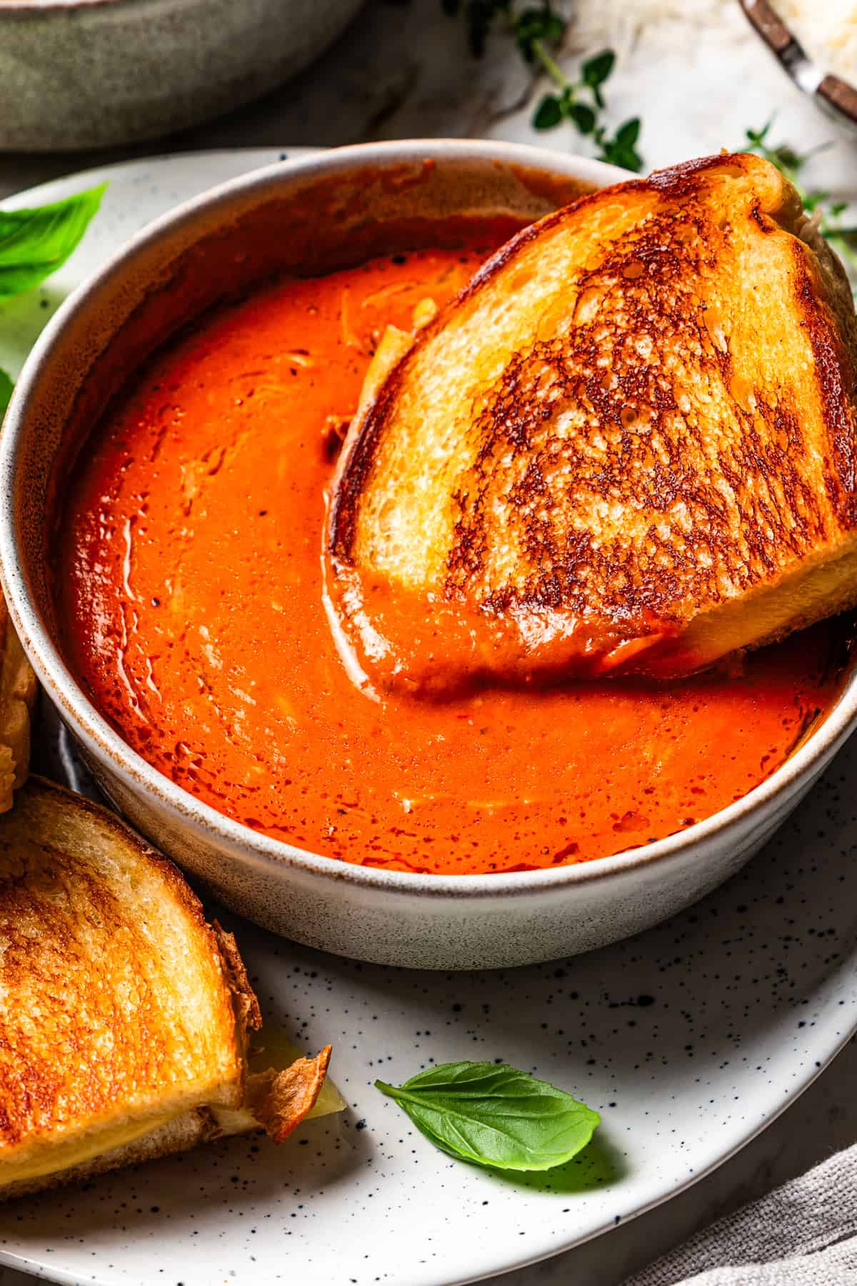 Grilled cheese sandwich in a bowl of tomato soup.