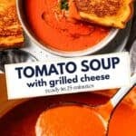 Photo collage of tomato soup with the recipe title in a text overlay.