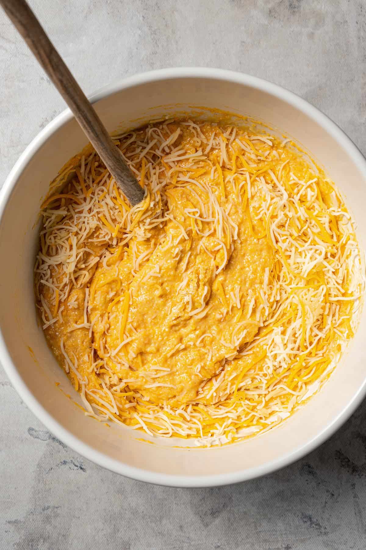 Sweet potato cornbread batter in a bowl.
