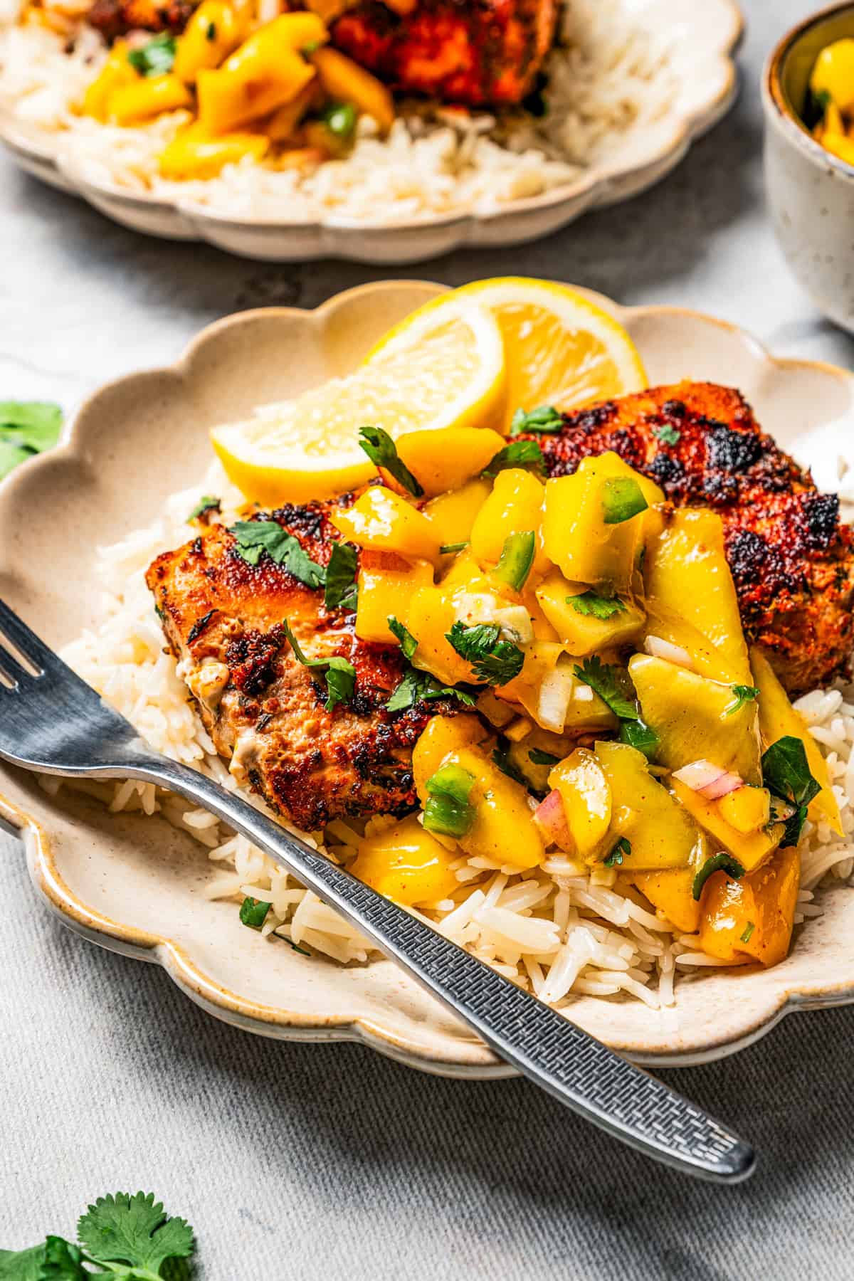 Blackened mahi mahi is a quick fish dish packed with Southern flavor thanks to a spicy homemade Cajun seasoning rub. Great for weeknights! Mango salsa served over a filet of mahi mahi.