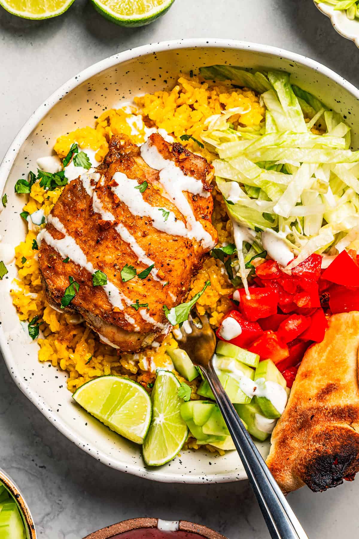 This homemade halal cart chicken over rice combines savory spice-rubbed chicken and fluffy rice, drizzled with the famous creamy white sauce! Chicken over rice in a bowl with flatbread, tomatoes, shredded salad, and a sour cream drizzle.