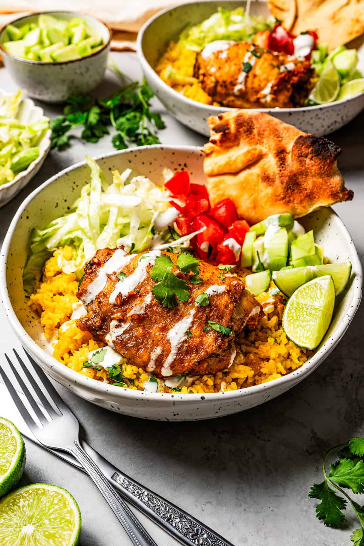 This homemade halal cart chicken over rice combines savory spice-rubbed chicken and fluffy rice, drizzled with the famous creamy white sauce! Chicken over rice in a bowl with flat bread, garnishes, and a sour cream drizzle.