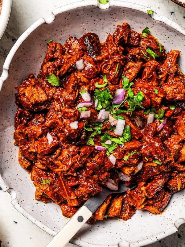 Chilorio shredded pork in a bowl.