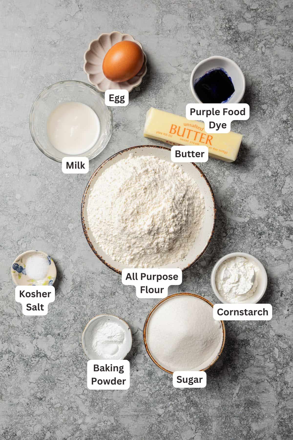 Blueberry cookies ingredients with text labels overlaying each ingredient.