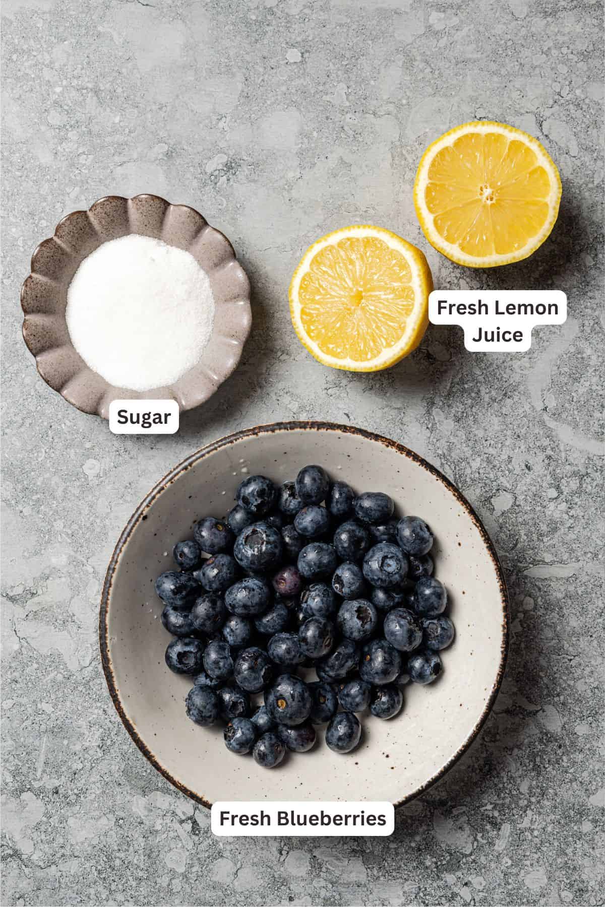 Blueberry sauce ingredients with text labels overlaying each ingredient.