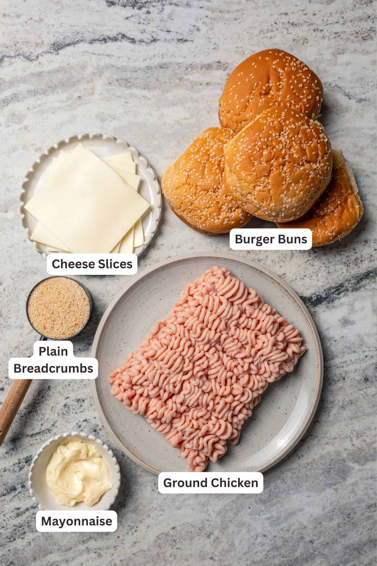 Chicken burger ingredients with text labels overlaying each ingredient.
