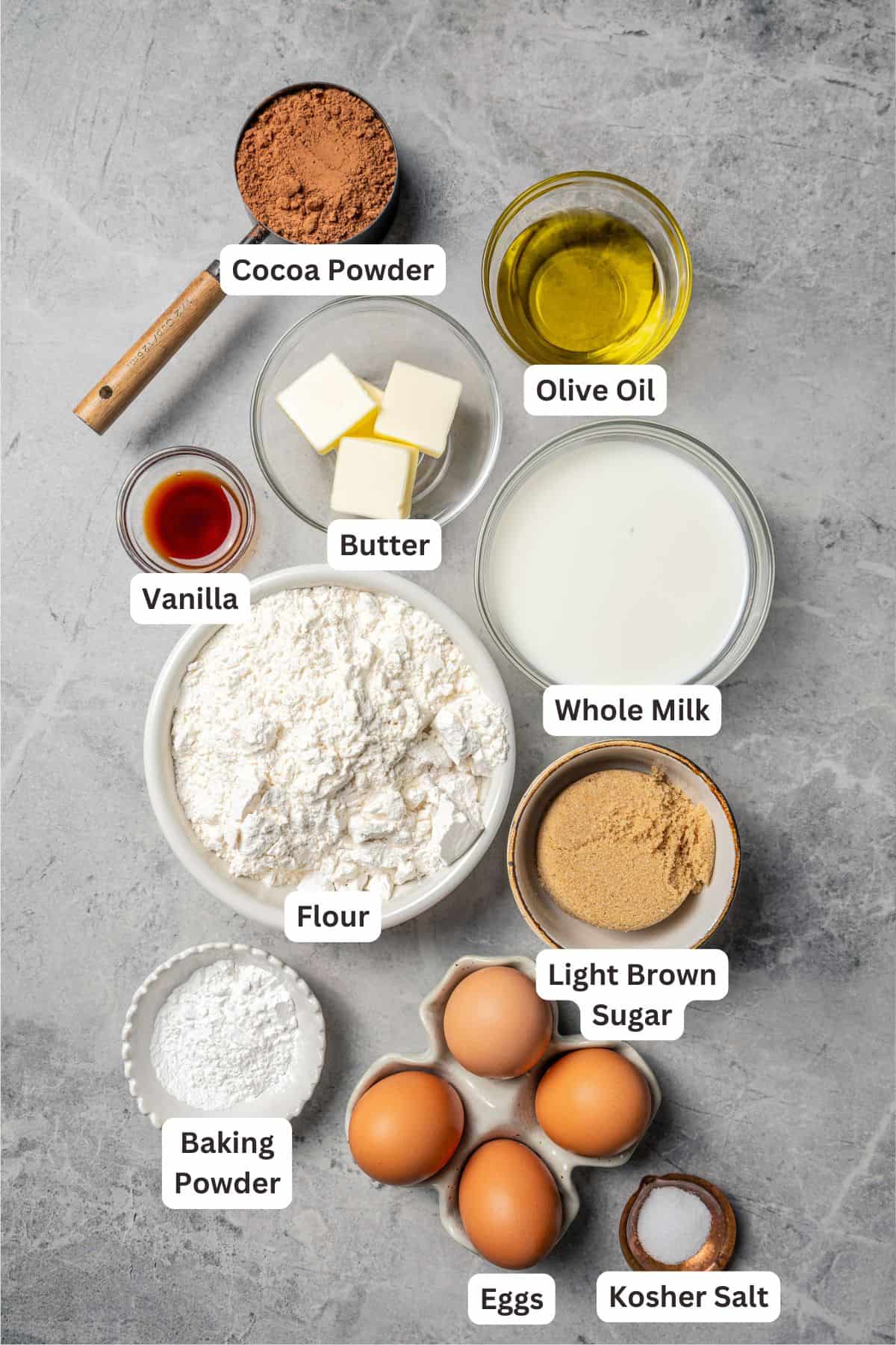 Chocolate pancakes ingredients with text labels overlaying each ingredient.