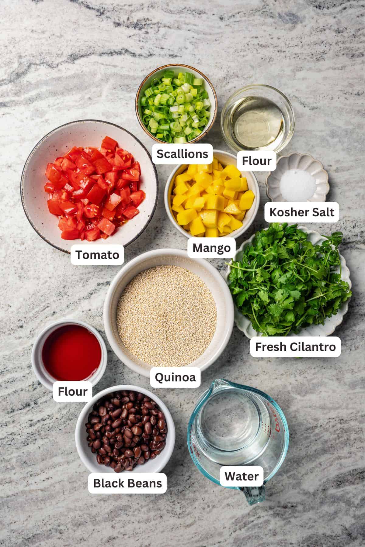 Quinoa black bean salad ingredients with text labels overlaying each ingredient.