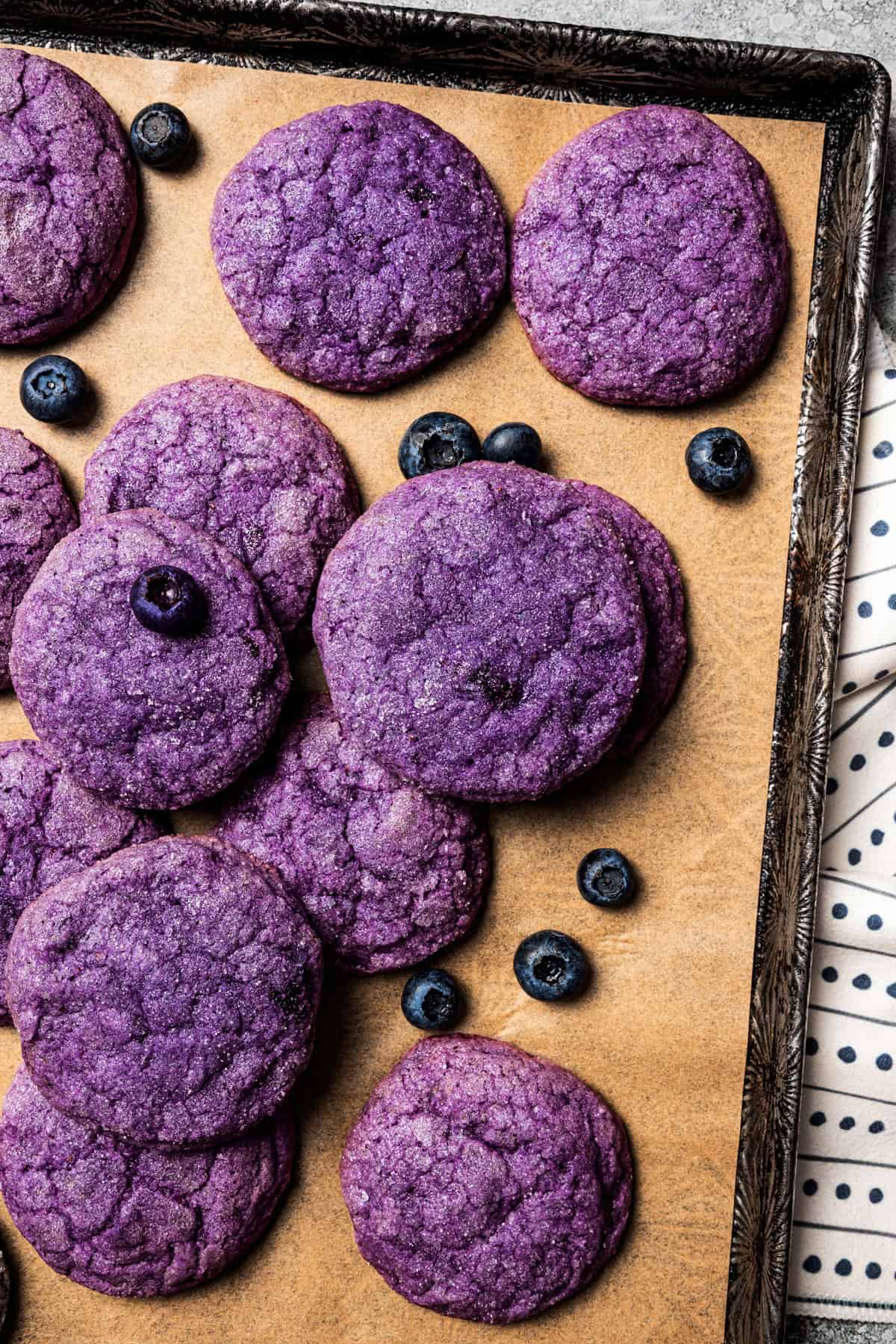 Blueberry cookies on a baking sheet.