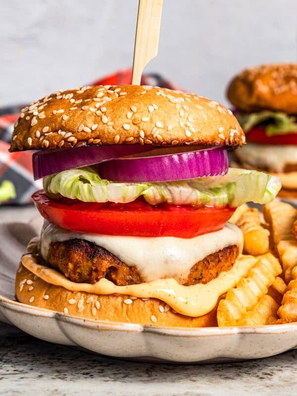 Chicken burgers and fries served on a plate. Photo and recipe by diethood.com