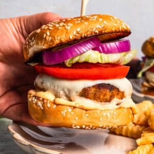 A hand holding up a homemade chicken burger by diethood.com.