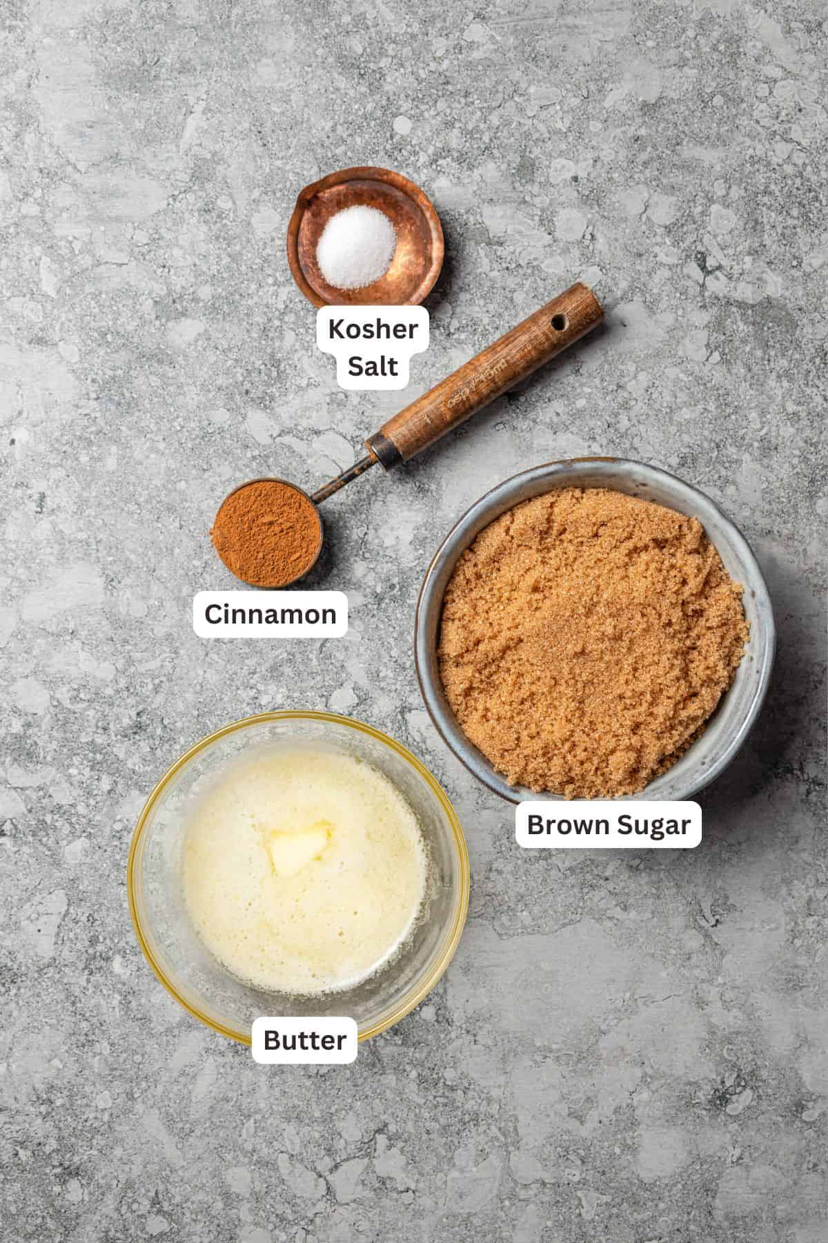 Cinnamon roll filling ingredients with text labels overlaying each ingredient.