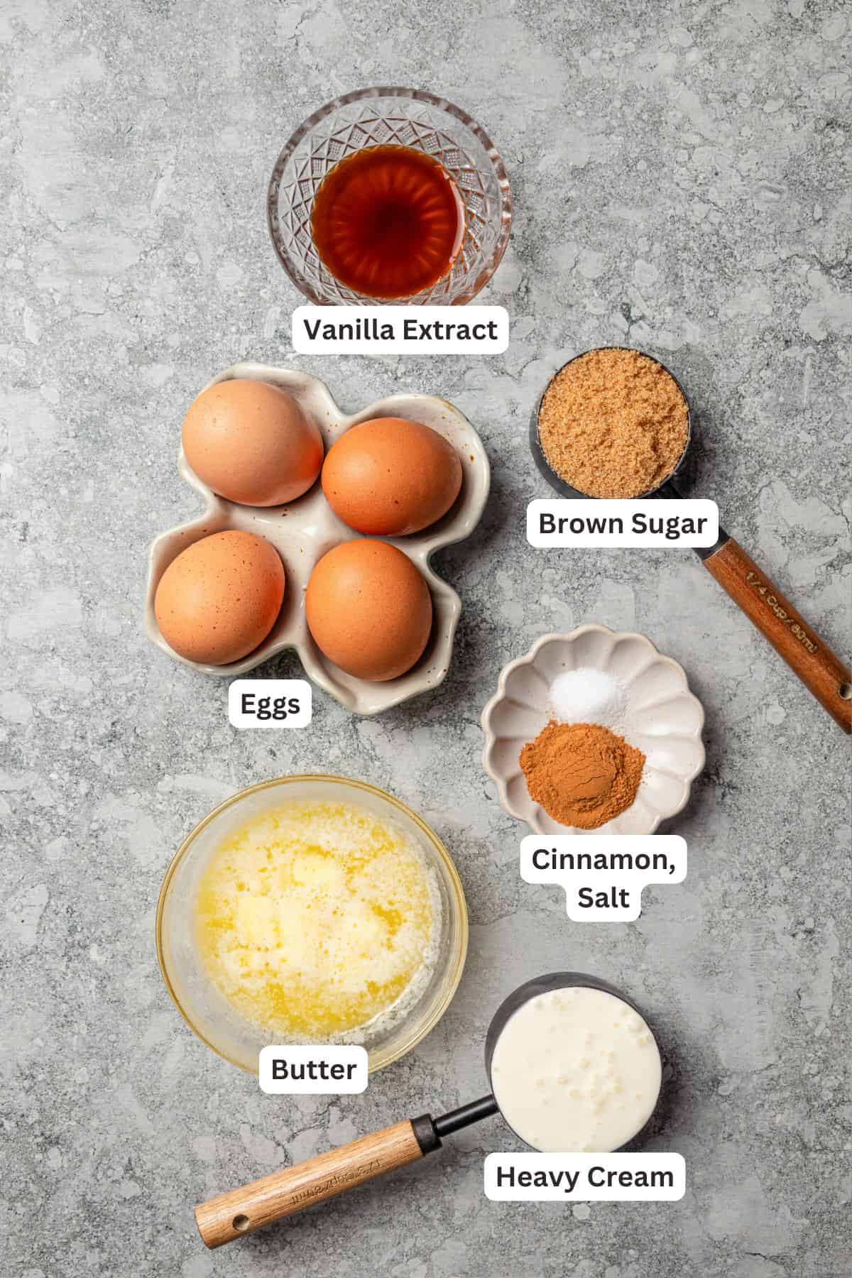 Cinnamon roll casserole ingredients with text labels overlaying each ingredient.