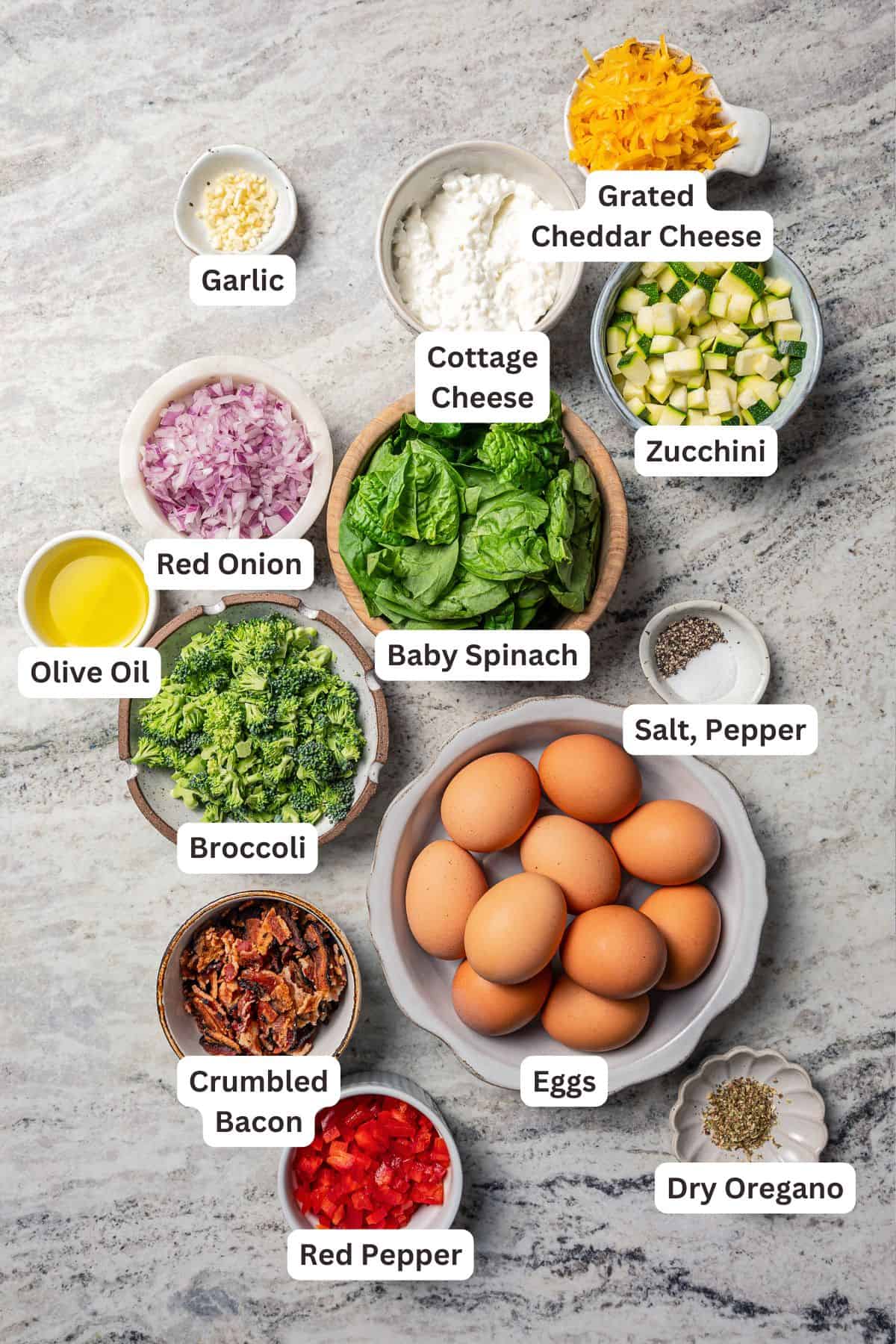 Egg bites ingredients with text labels overlaying each ingredient.